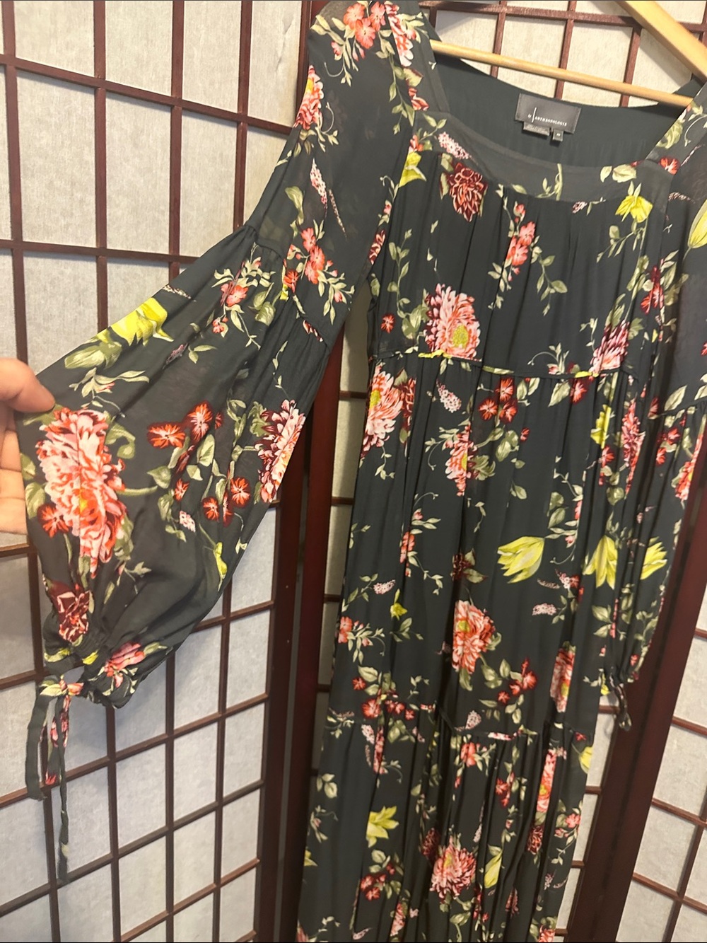 Anthropologie Dark Green Floral Maxi Dress with Pink & Yellow Blooms